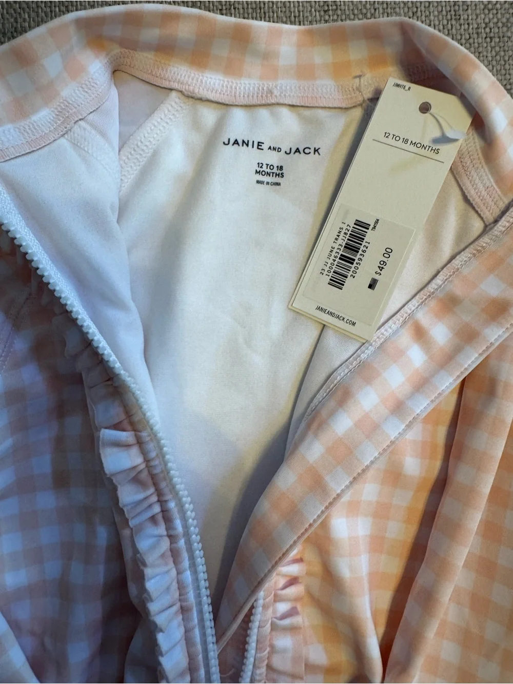 Janie and Jack Peach Gingham Ruffle-Front Long-Sleeve One-Piece Bathing Suit